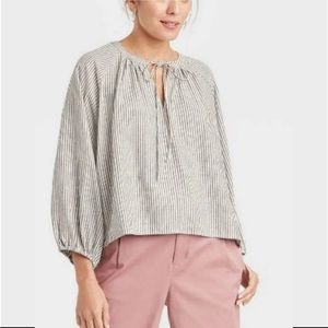 A new day linen blend long sleeve shirt top blouse striped ballon sleeves small